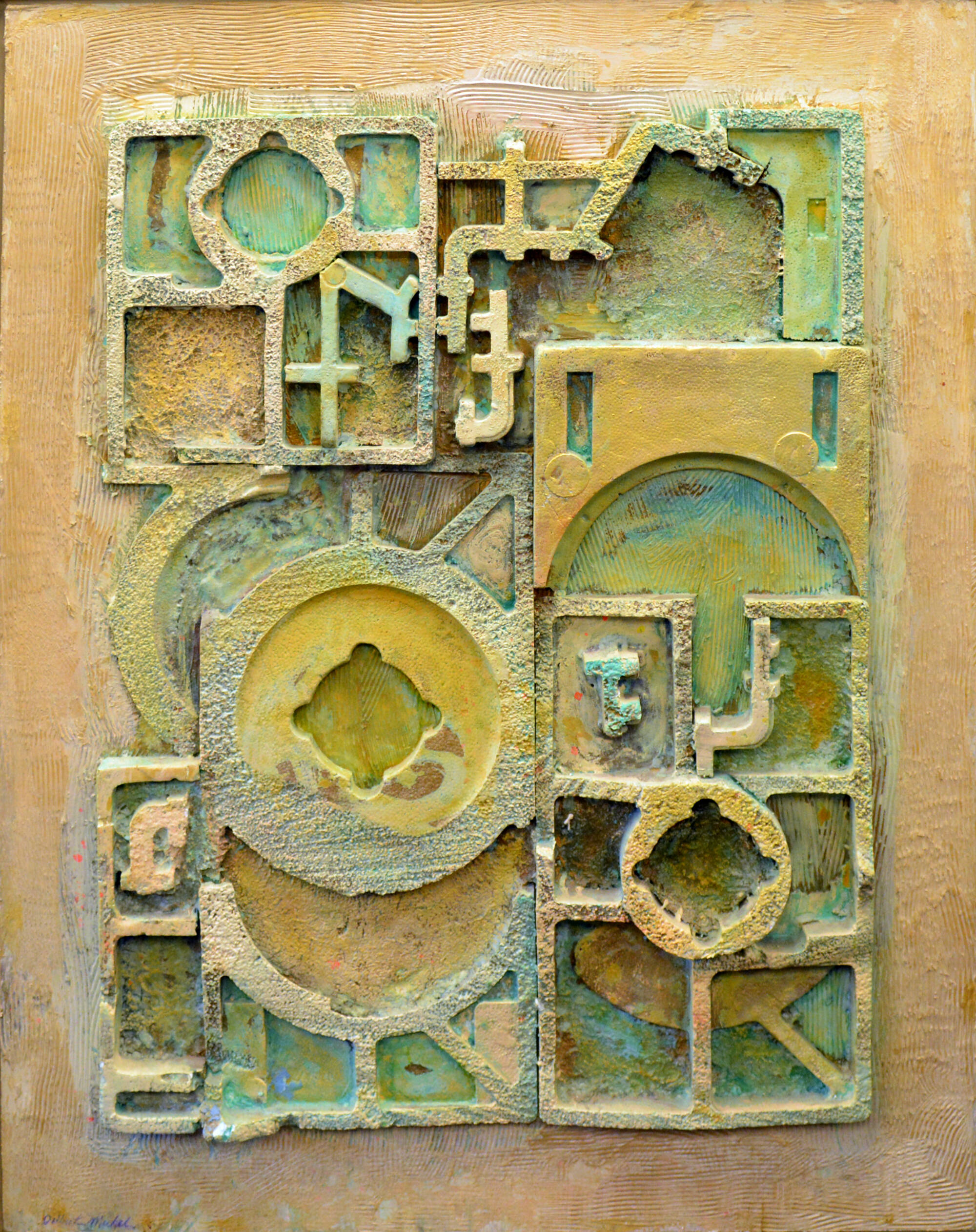 Abstract blue and tan 3D shapes in a random assemblage.